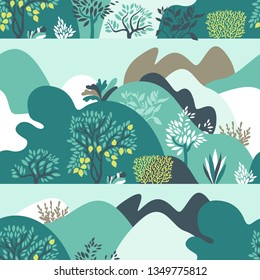 Seamless pattern hilly landscape with trees, bushes and plants. Growing plants and gardening. Protection and preservation of the environment. Earth Day. Vector illustration.