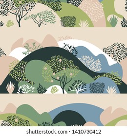 Seamless pattern with hilly landscape, trees, bushes and plants. Growing plants and gardening. Protection and preservation of the environment. Earth Day. Vector illustration.