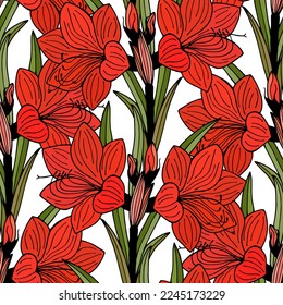 Seamless pattern from Hippeastrum flowers. Vector stock illustration eps10. Outline, isolate on white background. Hand drawn.