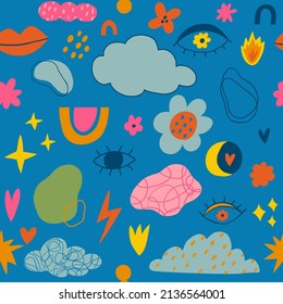 Seamless pattern with hippie aesthetic. Spring mood. Vector Hand drawn background for design and card, covers, package, wrapping paper.