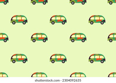 Seamless pattern with Hippie Bus. Endless ornament with colorful Van. Children's wallpaper and bed linen print. Vector illustration.