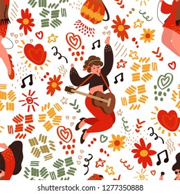 seamless pattern of hippie girls in flat style and doodle elements on a white background