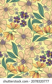 Seamless pattern with hippie mood. Nostalgic floral pattern with contour flowers and leaves. Vintage meadow on a light background. Cute floral design for various surfaces. Vector.