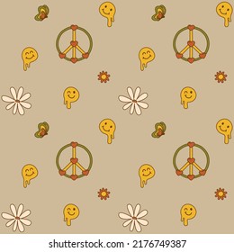 Seamless pattern with hippie peace symbol, butterflies, melting smile face and daisy flowers in doodle style. Retro vector background surface design for textile, wrapping paper, covers in 1970s style