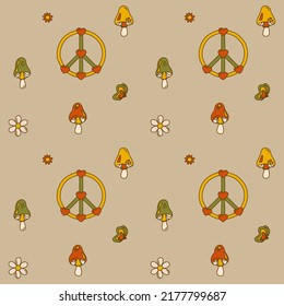 Seamless pattern with hippie peace symbol, mushrooms, butterflies and daisy flowers in doodle style. Retro vector background surface design for textile, wrapping paper, covers in 1970s style.