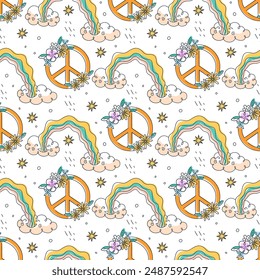 Seamless pattern with Hippie sign, flowers and rainbow