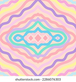Seamless pattern hippie style, bohemian and vintage in pastel color; pink, purple, yellow, blue, mint. Abstract art. Design for fabric, tile, flooring, wallpaper. Drawing hand wave line. Vector.