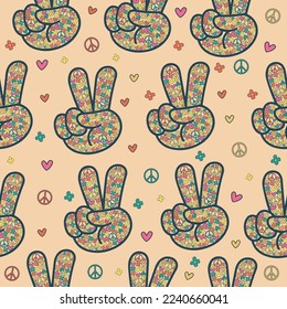 Seamless pattern in hippie style with flower's V sign on beige background with flowers, hearts and peace signs