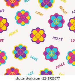 seamless pattern in hippie style with flowers, peace symbols and text love, peace on beige background	