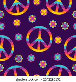 seamless pattern in hippie style with flowers, peace symbols in rainbow colors on dark background.