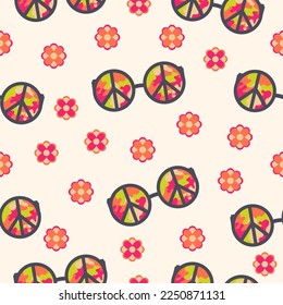 seamless pattern in hippie style with glasses with hippie sign with rainbow backdrop and flowers