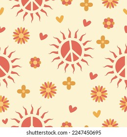 seamless pattern in hippie style with orange sunny Peace sign and flowers and hearts on beige background. Retro style	