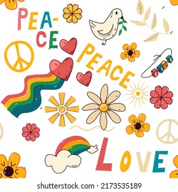 Patrón sin foco en estilo hippie, paz, amor en estilo de dibujos animados escritos a mano. Ilustración vectorial, elementos en un fondo blanco.