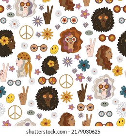 Seamless pattern. Hippies, flowers, pacific, peace. Retro pattern in 70s style. Vector.