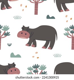 Seamless pattern with a hippo. Children's fashion print for textiles and wallpaper.