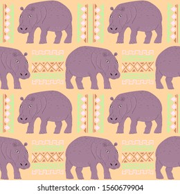 Seamless pattern of hippo with ethnic ornament elements. Repeatable textile vector print, wallpaper design.
