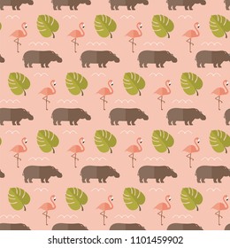 seamless pattern hippo flamingo animals monstera leaf vector on pink background wallpaper textile giftwrap