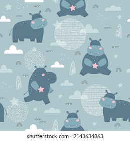 Seamless pattern with hippo. Kids print. Vector hand drawn illustration.