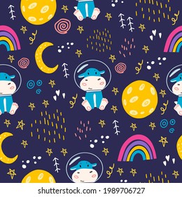 Seamless pattern with hippo, moon, stars, space, rainbow. Cute  hippopotamus in a space suit in space. Vector pattern with an animal for decorating clothes, children's rooms. Flat doodle style