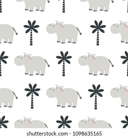 Seamless pattern with hippo on white background.