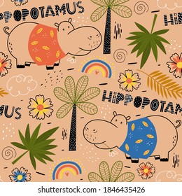 Seamless pattern with hippo and palms. Fairy Tale kid textile, wrapping paper, background. Kids animal characters. 