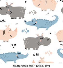 Seamless Pattern With Hippo, Rhino And Crocodile. Vector Illustration For Children.