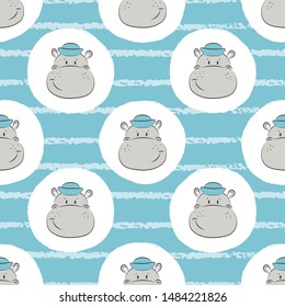 Seamless pattern with Hippo Sailor. Marine vector background for kids