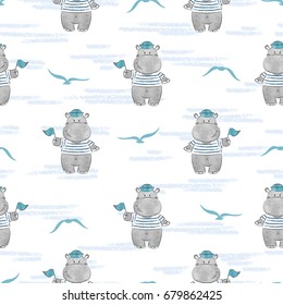 Seamless pattern with Hippo Sailor. Marine vector background for kids design.