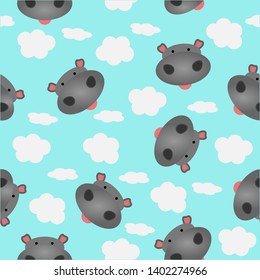 seamless pattern of hippos and clouds  on blue background