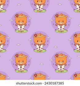 Seamless pattern with hippy bear girl on purple background. Funny retro groovy kawaii animal character. Vector illustration