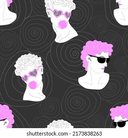 Seamless pattern with hipster ancient greek sculptures. Stylized design in a modern psychedelic style. Fashionable template for printed, textiles, wallpaper and packaging. Vector illustration