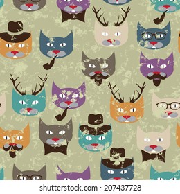 Seamless pattern with hipster cats