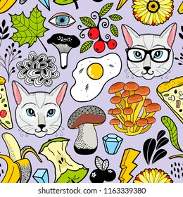 Seamless pattern with hipster cats and autumn mushrooms. Vector endless background of flora and fauna. Cute doodle hand drawn images.