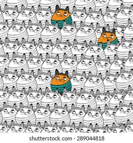 Seamless pattern with hipster cute cats vector illustration. Cute cat, Little tiny colorful striped kitten sitting. Cute stylized cat pet animal, domestic kitty cartoon design seamless pattern.