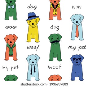 Nahtlose Muster von Hipster-Hunden in grün-orangefarbenem Blau mit Text, grafisch niedlich für Kinder, Hintergrundgrafik in Vektorgrafik
