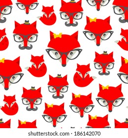 Seamless pattern with hipster fox. Vector background with cute animals in retro style.