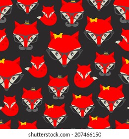 Seamless pattern with hipster fox. Vector background with cute animals in retro style. 