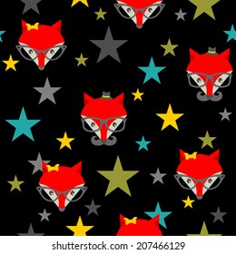 Seamless pattern with hipster foxes and night stars. Vector background. 