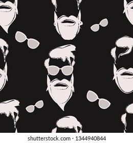 Seamless pattern hipster head with hair, beard and glasses on a black background