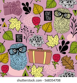 Seamless pattern with hipster owl friends and romantic roses. Vector wallpaper for tourists.