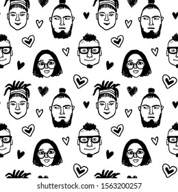 Seamless pattern. Hipster style portraits and hearts. Doodle sketches. Hand drawn vector illustration of funny characters. Valentine's day background.