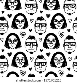 Seamless pattern. Hipster style portraits and hearts. Doodle sketches. Hand drawn vector illustration of funny characters. Valentine's day background.