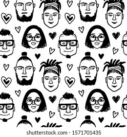 Seamless pattern. Hipster style portraits and hearts. Doodle sketches. Hand drawn vector illustration of funny characters. Valentine's day background.