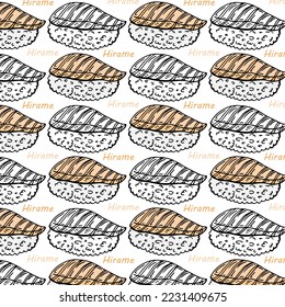 seamless pattern of hirame sushi with colored sketch style on white background