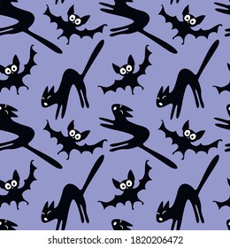 Seamless pattern with a hissing angry black witch cat and bats. Happy Halloween. Textured background for greeting card, invitation, party poster, banner