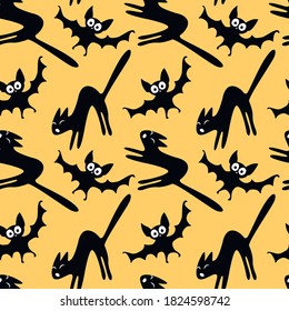 Seamless pattern with a hissing angry black witch cat and bats. Happy Halloween. Textured background for greeting card, invitation, party poster, banner