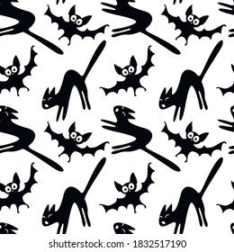 Seamless pattern with a hissing angry black witch cat and bats. Happy Halloween. Textured background for greeting card, invitation, party poster, banner