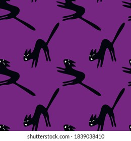 Seamless pattern with hissing angry black witch cat. Happy Halloween. Textured background for greeting card, invitation, party poster, banner