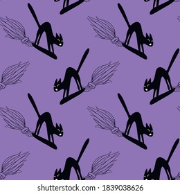 Seamless pattern with hissing angry black witch cat on broom. Happy Halloween. Textured background for greeting card, invitation, party poster, banner