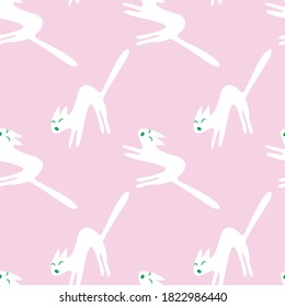 Seamless pattern with hissing angry white cat isolated on pink. Textured background for greeting card, invitation, poster, banner